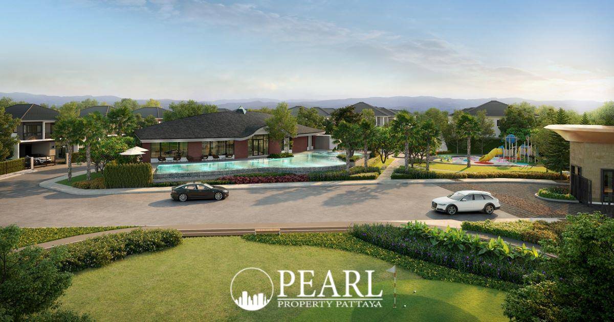 Supalai Parkville Pattaya-Sukhumvit rendered entrance with security booth, cars, and green landscaping.