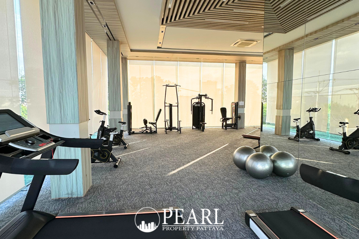 The Rich Garden overview of the long communal swimming pool between rows of modern townhouses.